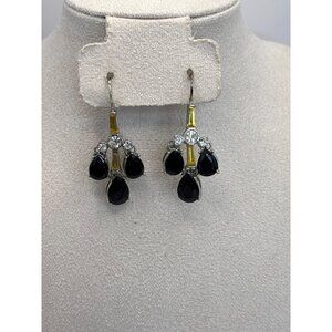 Monet Silver Tone Black Tear Drop with Yellow and White Stone Dangle Earrings